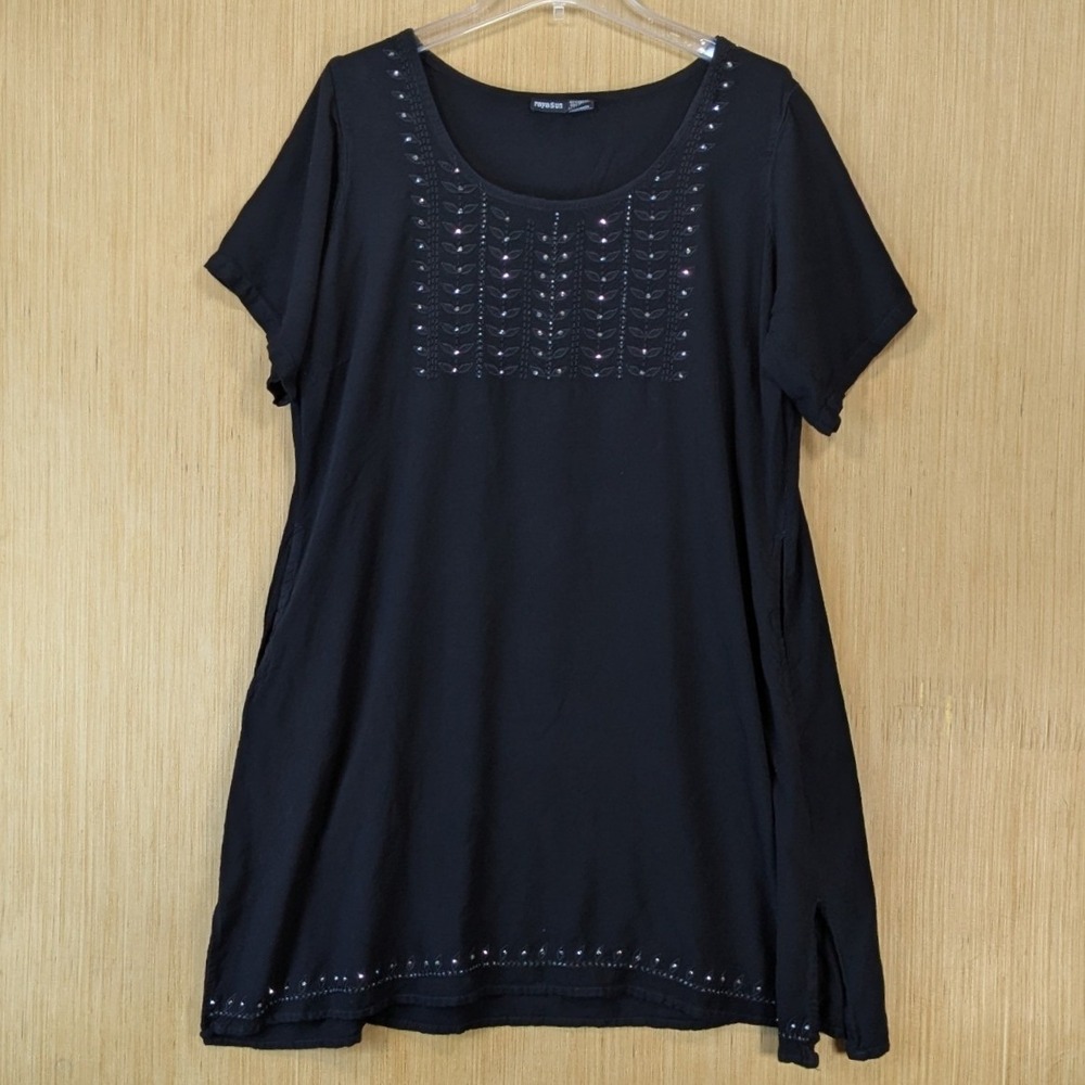 Raya Sun Boho 90s Resort Flowy Embroidered Rhinestone Mini Dress Size 2X Black